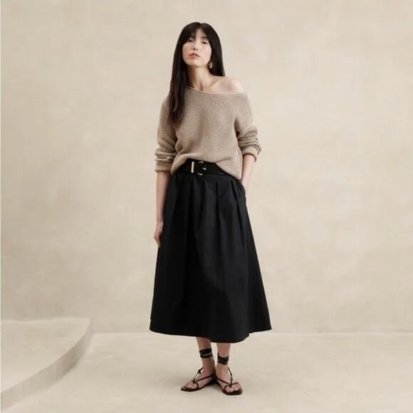 Banana Republic Factory Womens Linen Blend Pleated Midi Skirt Size 0 Black Twee - Picture 1 of 11